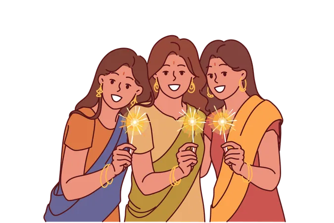 Indian Women With Sparklers Celebrate Diwali Festival Dressed In Traditional National Clothes Three Girls From India Participating In Diwali Event And Wishing To Introduce You To Indian Culture イラスト