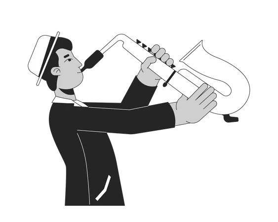 Indian Young Adult Jazzman Black And White 2 D Line Cartoon Character South Asian Male Holding Musical Instrument Isolated Vector Outline Person Saxophone Player Monochromatic Flat Spot Illustration Illustration