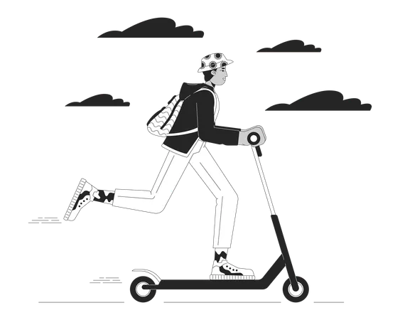 Indian Young Adult Man Riding Electric Scooter Black And White Cartoon Flat Illustration South Asian Guy E Scooter 2 D Lineart Character Isolated Urban Mobility Monochrome Scene Vector Outline Image Illustration