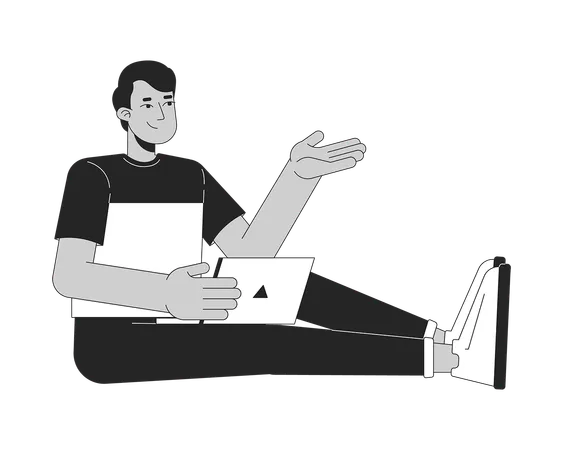 Indian young adult man with laptop sitting on floor  Illustration