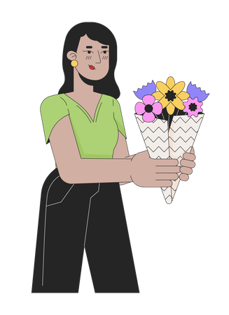 Indian young adult woman giving blooming bouquet  Illustration