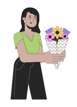 Indian Young Adult Woman Giving Blooming Bouquet 2 D Linear Cartoon Character South Asian Female Isolated Line Vector Person White Background Business Owner Floristry Color Flat Spot Illustration Illustration