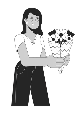 Indian Young Adult Woman Giving Blooming Bouquet Black And White 2 D Line Cartoon Character South Asian Female Isolated Vector Outline Person Floristry Owner Monochromatic Flat Spot Illustration Illustration
