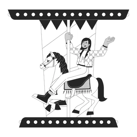 Indian Young Adult Woman Riding Horse Carousel Black And White 2 D Line Cartoon Character Roundabout Fun Asian Girl Isolated Vector Outline Person Attraction Monochromatic Flat Spot Illustration Illustration