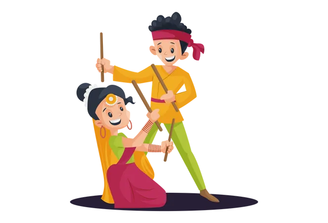 Indian Young Couple Playing or Dancing Garba  Illustration