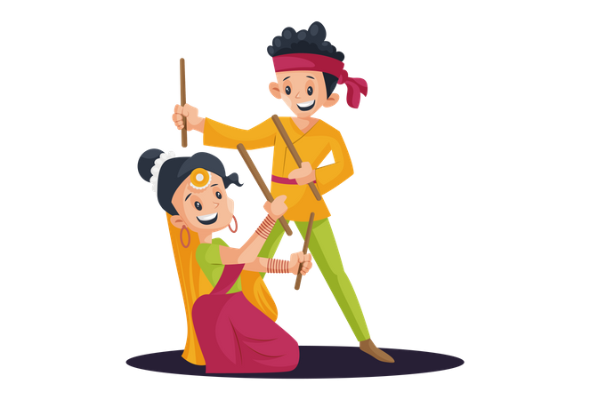 Indian Young Couple Playing or Dancing Garba  Illustration