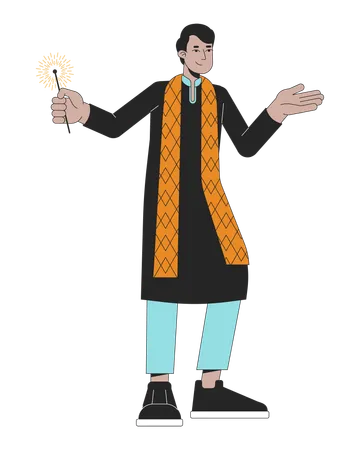 Traditional Indian Kurta Young Man With Bengal Light 2 D Linear Cartoon Character South Asian Isolated Line Vector Person White Background Hindu Festival Lights Deepawali Color Flat Spot Illustration Illustration