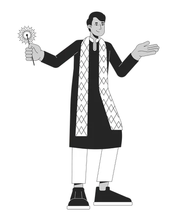 Traditional Indian Kurta Young Man With Bengal Light Black And White 2 D Line Cartoon Character South Asian Isolated Vector Outline Person Hindu Festival Lights Monochromatic Flat Spot Illustration Illustration