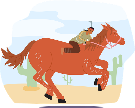 Indianerfigur reitet auf galoppierendem Pferd durch Wüstenlandschaft  Illustration