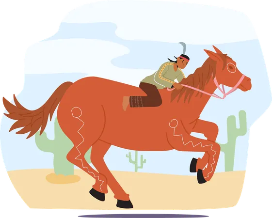 Indianerfigur reitet auf galoppierendem Pferd durch Wüstenlandschaft  Illustration