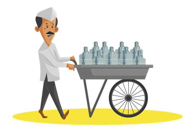 Dabbawala indiano com carrinho de mão cheio de tiffins de comida  Ilustração
