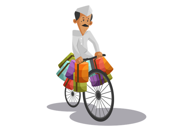 Dabbawala indiano entregando caixas de tiffin em ciclo  Ilustração
