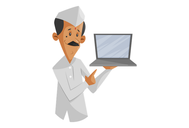 Dabbawala indiano mostrando laptop fazendo um pedido de tiffin no conceito online  Ilustração