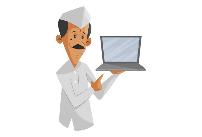 Dabbawala indiano mostrando laptop fazendo um pedido de tiffin no conceito online  Ilustração