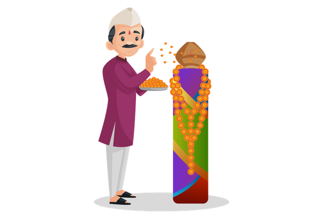 O homem indiano Marathi está segurando o prato de flores na mão e adorando  Ilustração