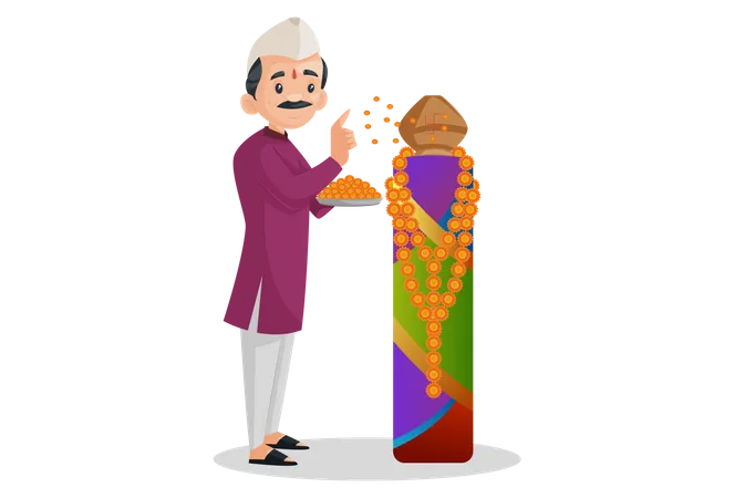O homem indiano Marathi está segurando o prato de flores na mão e adorando  Ilustração