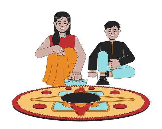 Indians Siblings Making Rangoli 2 D Linear Cartoon Characters Sister Brother Isolated Line Vector People White Background Hindu Festival Of Lights Deepawali Custom Color Flat Spot Illustration Illustration