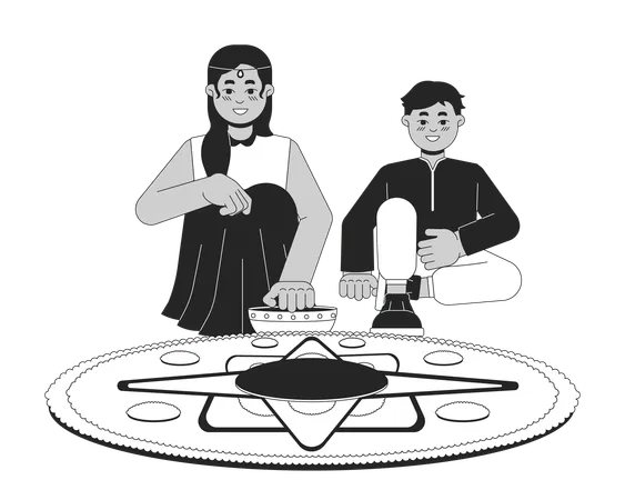 Indians Siblings Making Rangoli Black And White 2 D Line Cartoon Characters Sister Brother Isolated Vector Outline People Hindu Festival Of Lights Deepawali Monochromatic Flat Spot Illustration Illustration