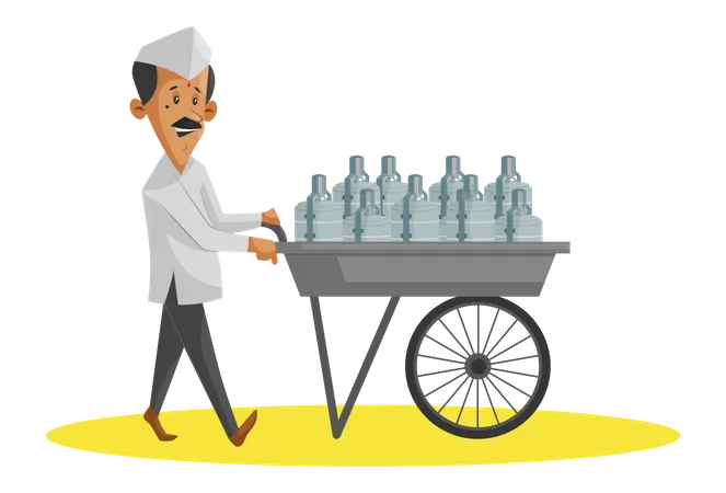 Dabbawala indien avec chariot à main rempli de tiffins alimentaires  Illustration