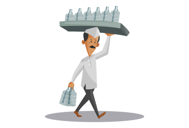 Dabbawala indien tenant des tiffins alimentaires sur l'épaule et la main  Illustration