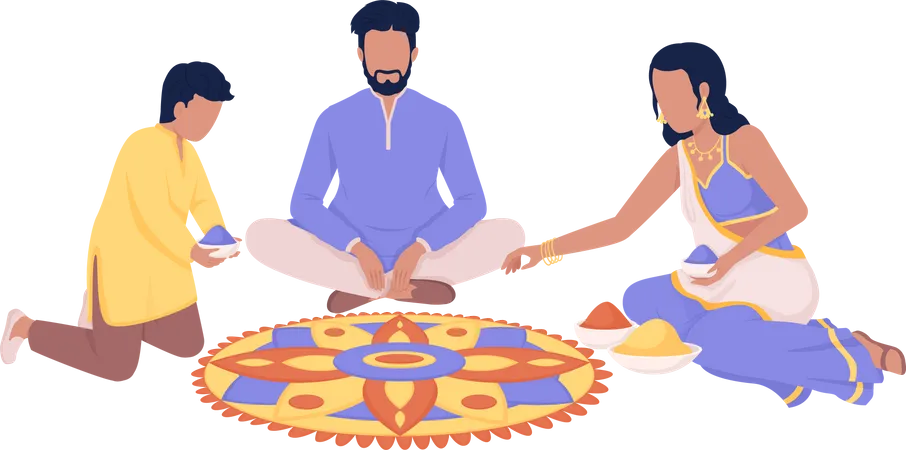 Famille indienne faisant du Rangoli  Illustration