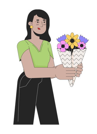 Jeune femme adulte indienne donnant un bouquet fleuri  Illustration