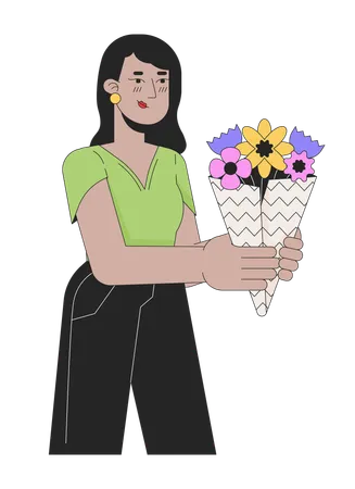 Jeune femme adulte indienne donnant un bouquet fleuri  Illustration