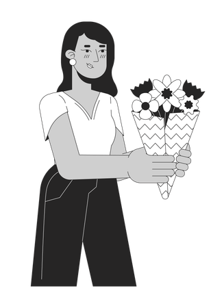 Jeune femme adulte indienne donnant un bouquet fleuri  Illustration