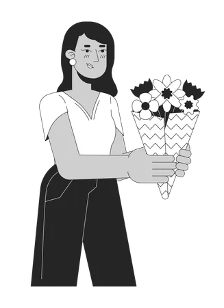 Jeune femme adulte indienne donnant un bouquet fleuri  Illustration