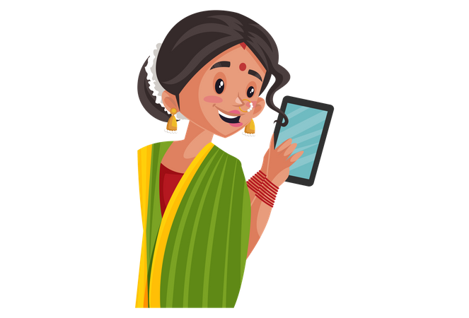 Femme indienne marathi tenant une tablette à la main  Illustration