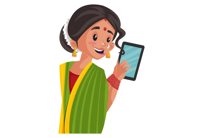 Femme indienne marathi tenant une tablette à la main  Illustration