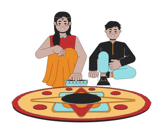 Frères et sœurs indiens faisant du rangoli  Illustration