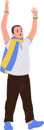 Indignant man Ukrainian football fan raising hands over head screaming with irritation  Illustration