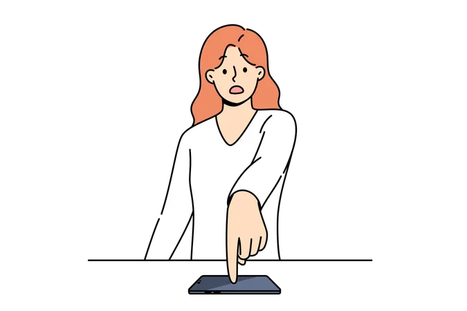 Indignant woman points finger at mobile after learning about leak of confidential information  Illustration
