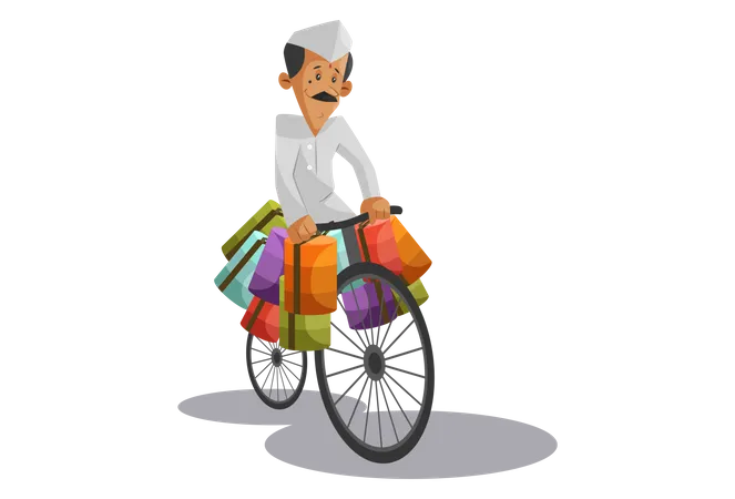 Dabbawala indio entregando cajas tiffin en bicicleta  Ilustración