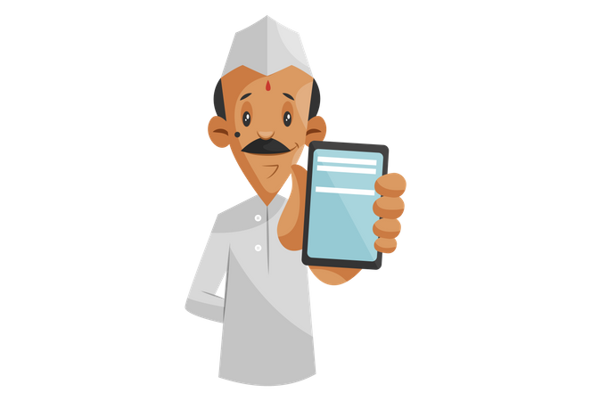 Dabbawala indio que muestra la aplicación móvil del servicio tiffin de comida  Ilustración