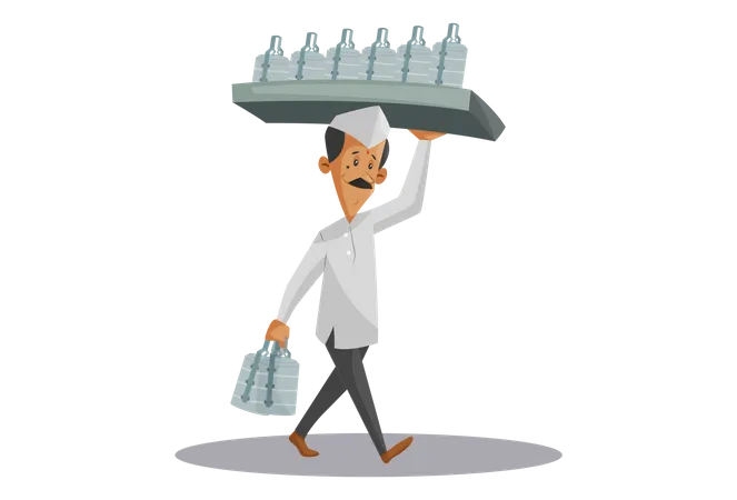 Dabbawala indio sosteniendo tiffins de comida en el hombro y la mano  Ilustración