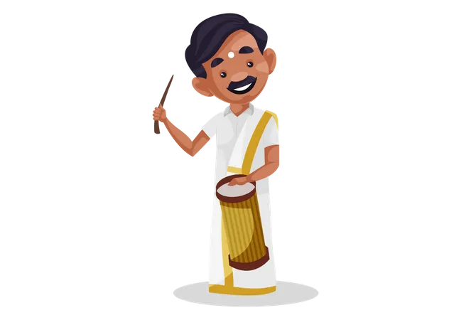 Hombre tamil indio tocando el tambor con palo  Ilustración