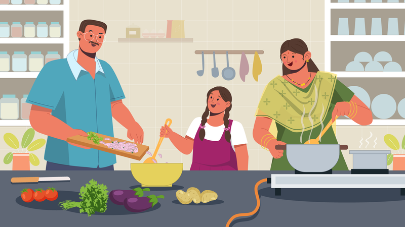 Indische Eltern bringen ihrer Tochter das Kochen bei  Illustration