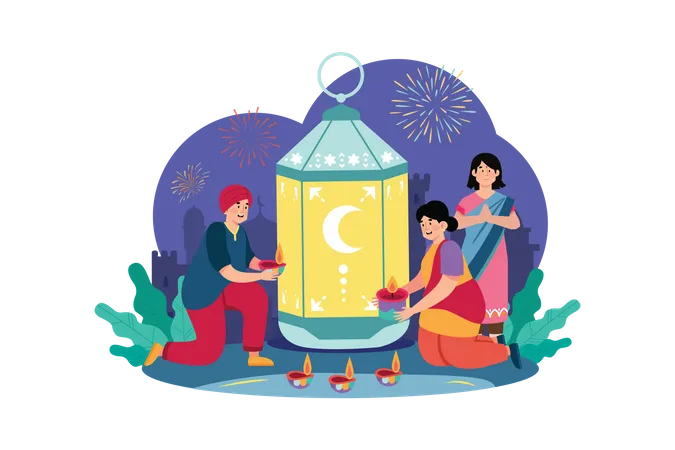 Indische Familie feiert Diwali-Fest  Illustration