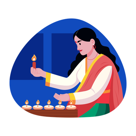 Indische Frau zündet Öllampen an  Illustration