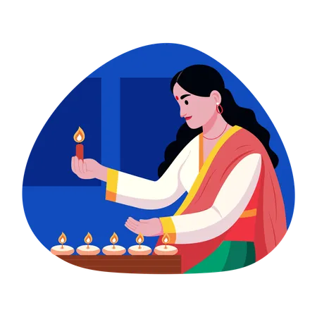 Indische Frau zündet Öllampen an  Illustration