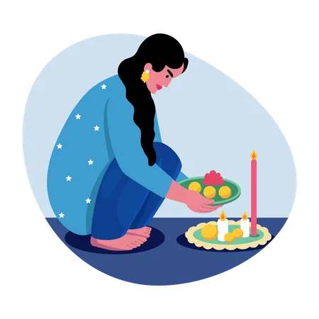 Indische Frau beim Diwali-Ritual  Illustration