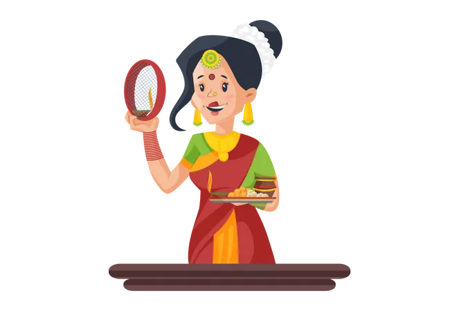 Indische Frau hält Sieb und Anbetungsteller in der Hand  Illustration