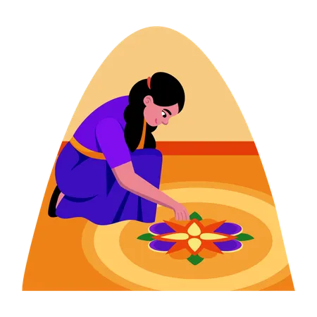 Indische Frau macht Rangoli-Kunst  Illustration
