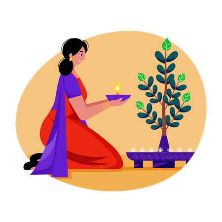 Indische Frau beim Pflanzenanbeten  Illustration