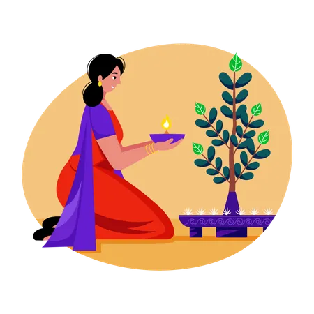 Indische Frau beim Pflanzenanbeten  Illustration