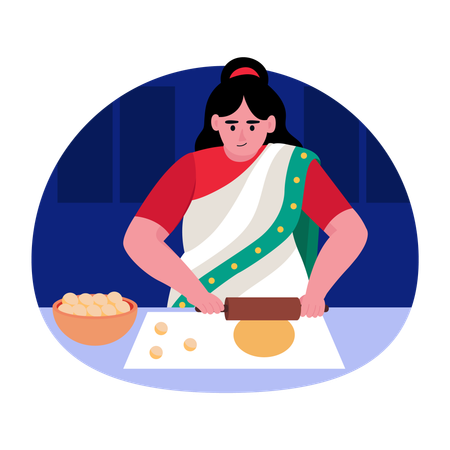 Indische Frau rollt Teig  Illustration