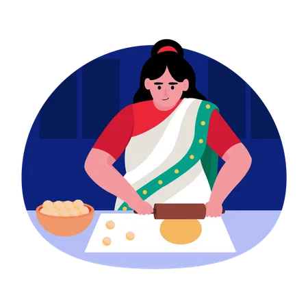 Indische Frau rollt Teig  Illustration