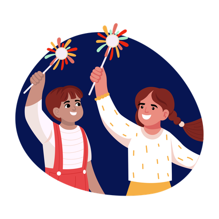 Indische Kinder halten Wunderkerzen und Feuerwerkskörper  Illustration